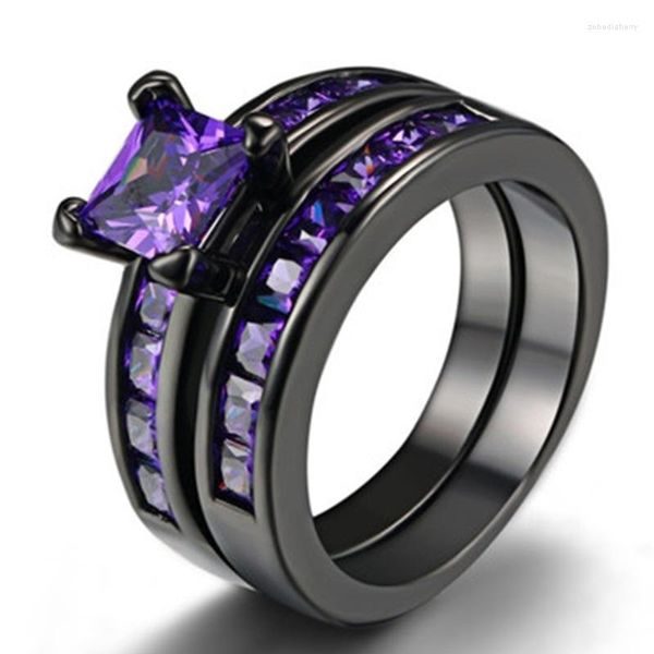 Hochzeit Ringe Trendy Black Gun 2 Stück Sets Einreihige Zirkon Engagement Für Frauen CZ Stein Inlay Mode Schmuck Party geschenk