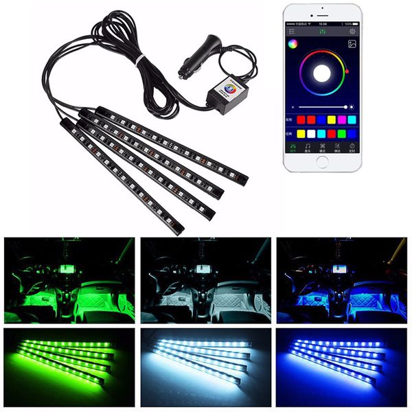 LED tiras do carro atmosfera leve do pé da lâmpada de LEDs Música remota sem fio USB Controle de múltiplos modos de interiores automotivos Luzes decorativas