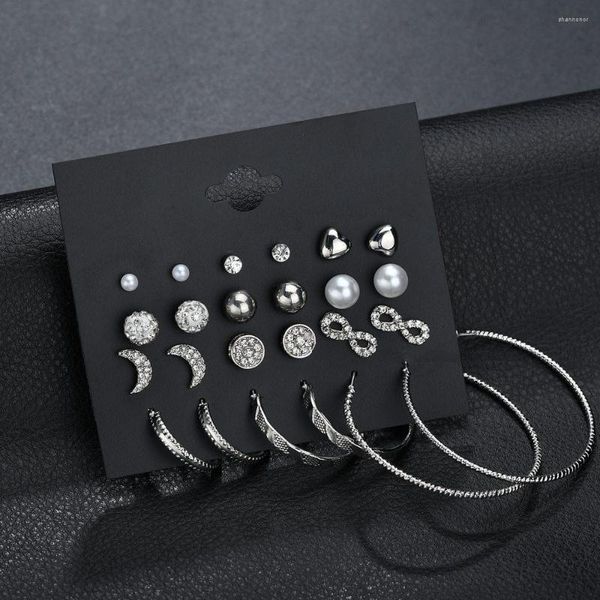 Orecchini a bottone 12 paia punk semplice perla di metallo perline luna cuore strass intarsiato set per le donne ragazze regalo gioielli orecchio all'ingrosso