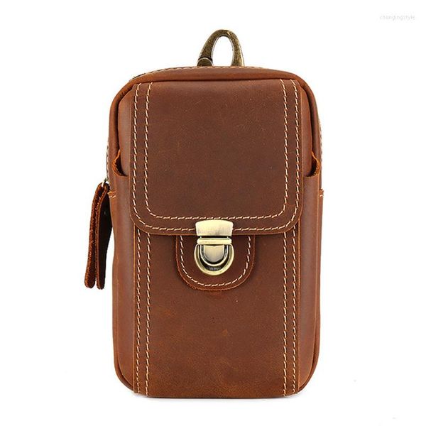 Bolsas de cintura Bolsa de couro de couro genuíno Bolsa masculina de celular vertical use bolsa de cinto retrô camurça de cavalo louco