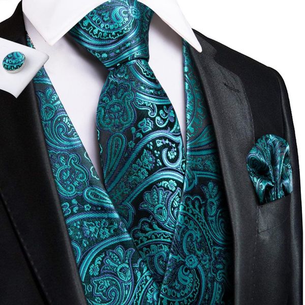 Herrenwesten HiTie Teal Green Floral Paisley Seide Herren Slim Weste Krawatte Set für Anzug Kleid Hochzeit 4-teiliges Weste-Krawatten-Einstecktuch-Manschettenknopf-Set 230313