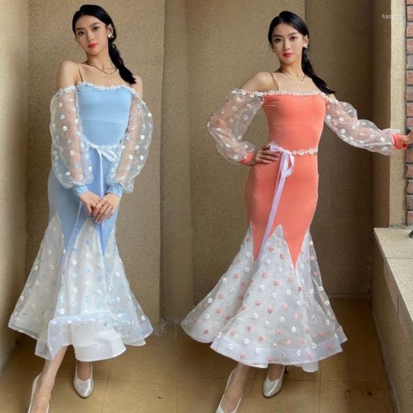 Stage Wear Wear Ballroom Dance Dress Women Mesh Mesh mangas de mangas de baile azul Valsa de performance roupas de fantasia BL8624