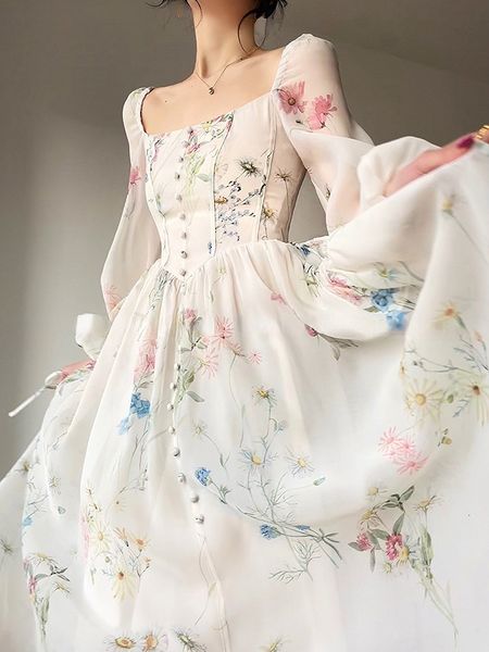 Vestidos casuais francês elegante vestido floral midi chiffon manga longa vestido de festa de festa de festa de fada de fada de fada coreana 2024 designer de verão 356
