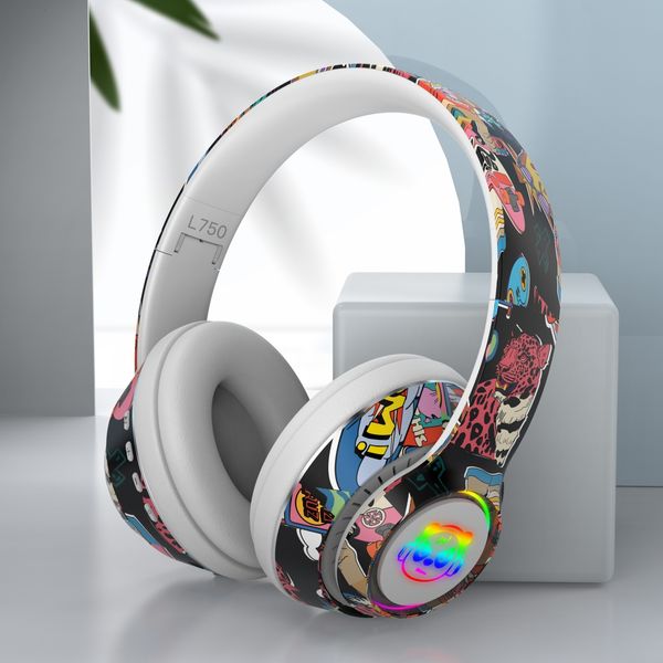 Headsets Graffiti-Kopfhörer Bluetooth 5.1 DJ-Headset Wireless Gamer mit Mikrofon RGB-LED-Licht für Kinder PC Gamer Kopfhörer Unterstützung TF-Karte 230314