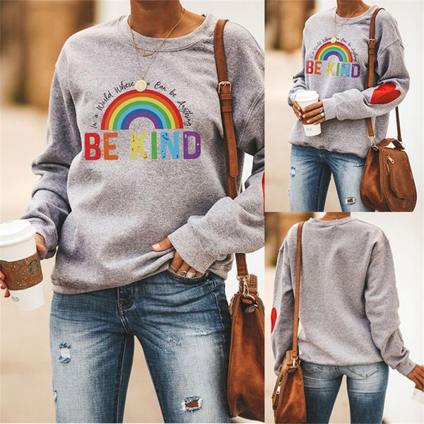 Felpe con cappuccio da donna Felpe con cappuccio da donna invernali Moda arcobaleno Maglione sciolto Sport BE KIND Maniche Love Print Pullover Felpa con cappuccio Giacca 230314