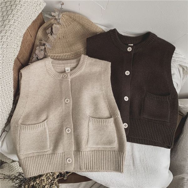 Weste einfache massive Weste Jungen lässige ärmellose Jacke Kinder Strickwaren Hemd Mädchen Baumwolle O Hals Cardigan Baby Spring Kleidung 230313