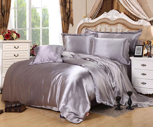 Bedding Define lençóis de cores puras de cetim de cetim de cama de cama de linho de seda lençol de edredão de seda de tamanho duplo conjunto de atacado para casa