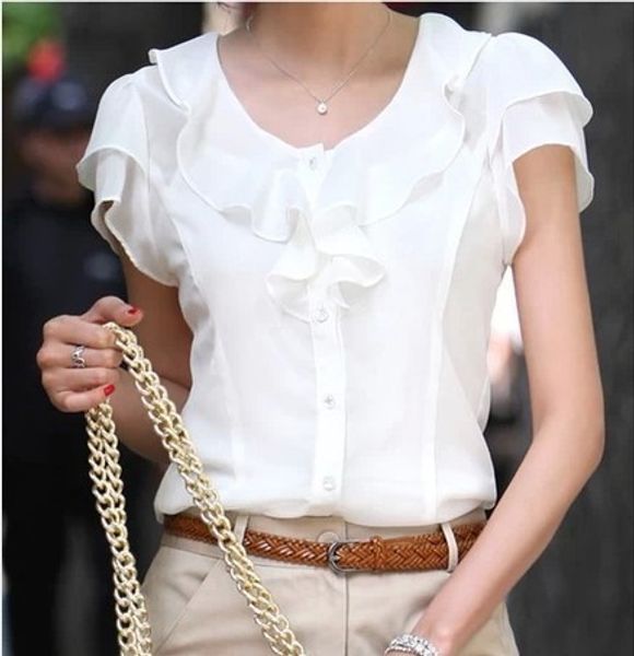 Kadınlar T-Shirt Kadınlar fırfırlı şifon bluz beyaz gömlek kadın kısa kelebek kol gömleği 5xl üstler feminina blusas 230314