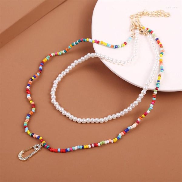 Correntes 2 PCs/Definir Boho Made Made Multicolor Pin Pingents Colares longos para mulheres Moda de jóias de colar de pérolas brancas Presente de joias