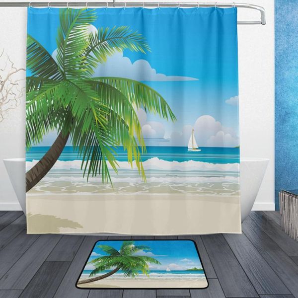 Cortinas de chuveiro Cortina de banheiro Frabic Bath impermeável com ganchos Mat praia Treça de coco marinho Decoração de casa de tapete não deslizante