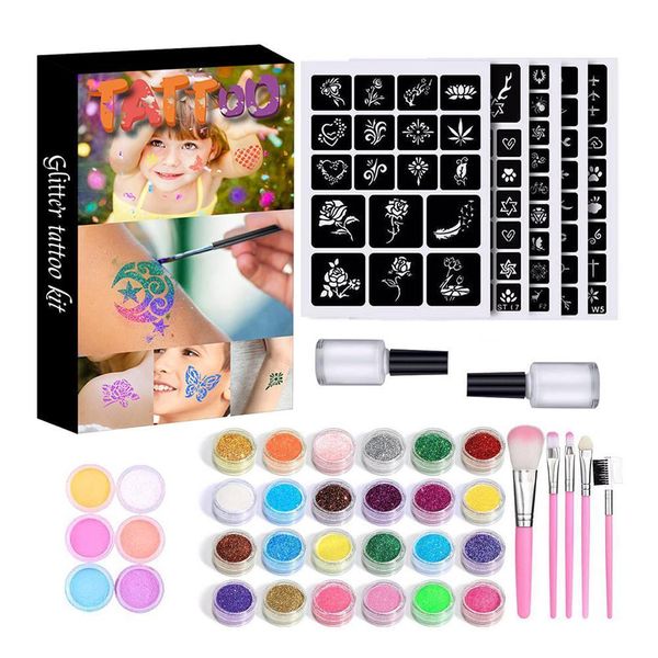 Temporäre Tattoos 30 Farben Diamant Glitter Set Pulver Make-up Pinsel Kleber Party Gesicht Körper Kunst Kits für Kinder 230314