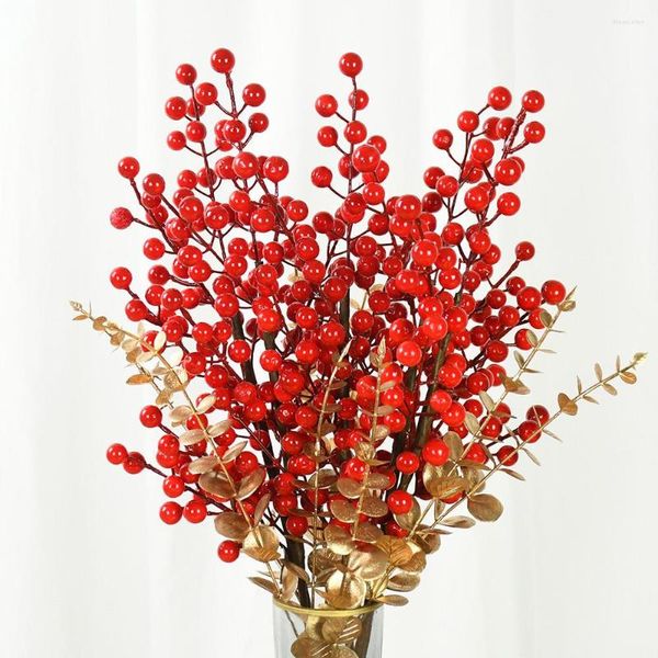 Flores decorativas 1/2pcs Flor artificial Berry vermelho simulou Holly Fruit Simulation Plants Decoração de modelo de sala de estar de natal