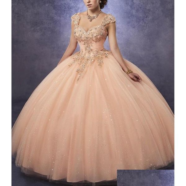 Quinceanera-Kleider, funkelndes TLE-Ballkleid, herzförmiger Ausschnitt, gerüschtes Oberteil mit Spitze und Perlen, abnehmbare Träger, Mädchen-Partykleid Dhoc2