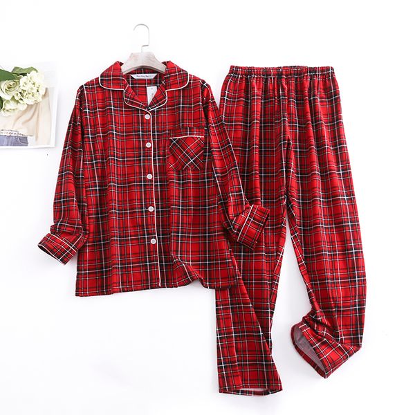 Flanela de algodão feminina Flanela Feminina Longa Pijama Pijama para Sleepwear Plaid Design Longe Autumn e Winter Slave Longe Trous Ternos 230314