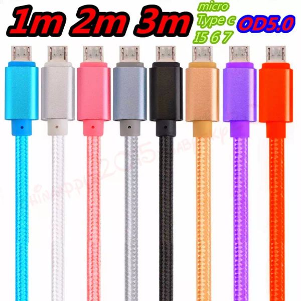 Kumaş Örgülü Kalın Kablo Mikro 5pin Kablo OD5.0 V8 Naylon USB Veri Şarj cihazı kablosu Samsung için S4 S6 S7 HTC LG Sony için iPhone 5 6 7