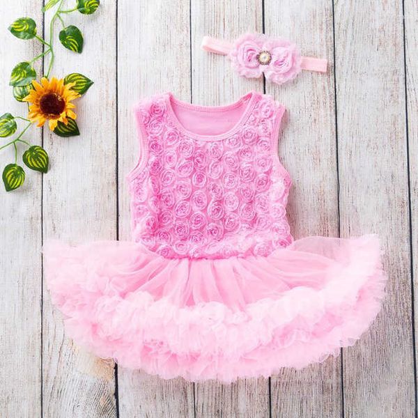 Kleider Baby Mädchen Mädchen Abendkleid Anzug Farbe Rundhals ärmellos Rose Blume Stirnband Blase Tüll Rock Sommer