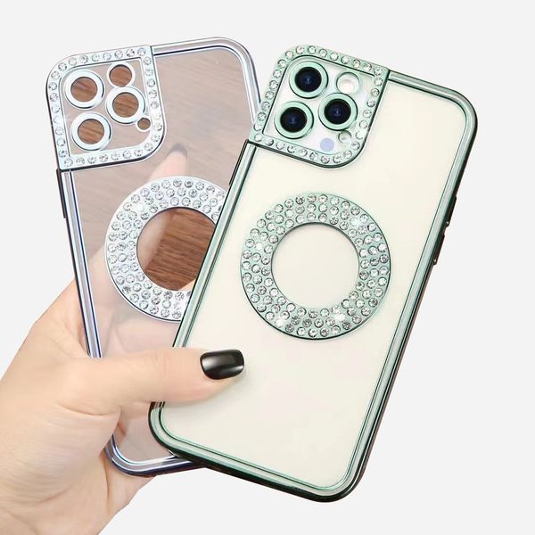 Hohle Logo-Loch-eingelegte Strass-transparente Handyhülle für iPhone 14 Plus 13 12 11 Pro Max, luxuriöse Damen-Diamant-Nieten-Abdeckung, stoßfest