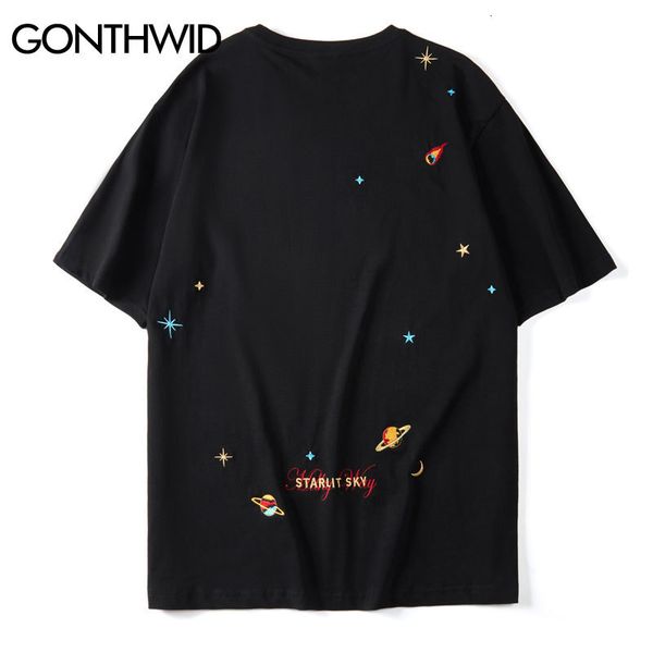 Herren T-Shirts GONTHWID Stickerei Planeten Sterne T-Shirts Streetwear Harajuku Casual Kurzarm T-Shirts Herren Hip Hop Mode Sommer Tops 230313