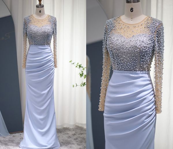 Abiti da sera arabi a sirena blu cielo Dubai Perle di lusso Crystal Sheer maniche lunghe Abiti da ballo musulmani Abiti formali Robe de Soiree 2023 Abiti Festa