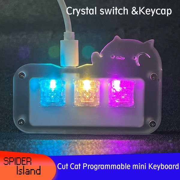 Mini Cute Cat Keyboard Interruttore a cristallo a 3 tasti con copritastiera trasparente Gioco meccanico con tastiera macro programmabile in acrilico RGB