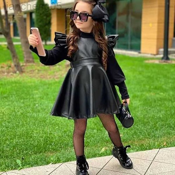 Vestidos de menina criança criança menina menina preto vestido geral tecido macio de couro faux manga de luva de luva traseira skirt confortável doce casual w0314