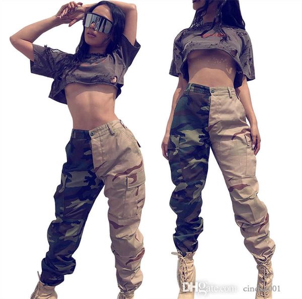 Calças de carga feminina Moda de cor de contraste de cor personalizada Splicing Camouflage macacão calças