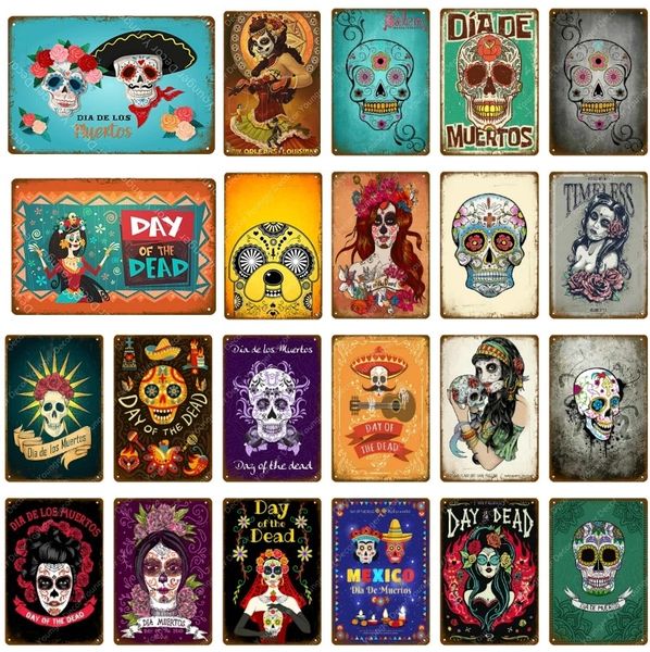 Targhe in metallo con teschio di zucchero Festival Day Of The Dead Targa Pittura murale Poster Party Shop Home Tattoo Parlors Decor 30X20cm W03