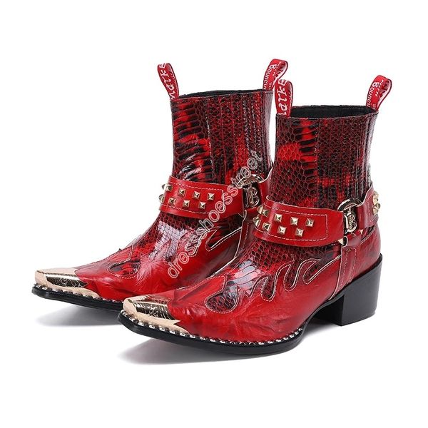 Western Cowboy Herrenstiefel Rock Spitzschuh Iron Head Echtes Leder Stiefeletten Herren Rot Reiten/Motorrad Party Botas