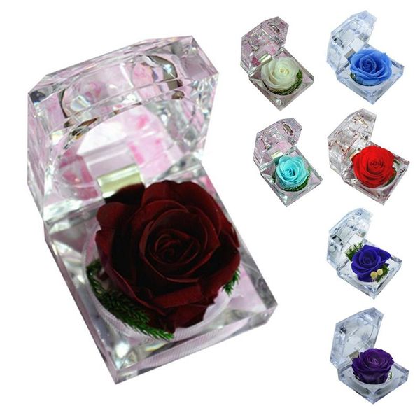 Geschenkverpackung, handgefertigt, konservierte Rose mit Acryl-Kristall-Ringbox für Heiratsantrag, Verlobungsgeschenk