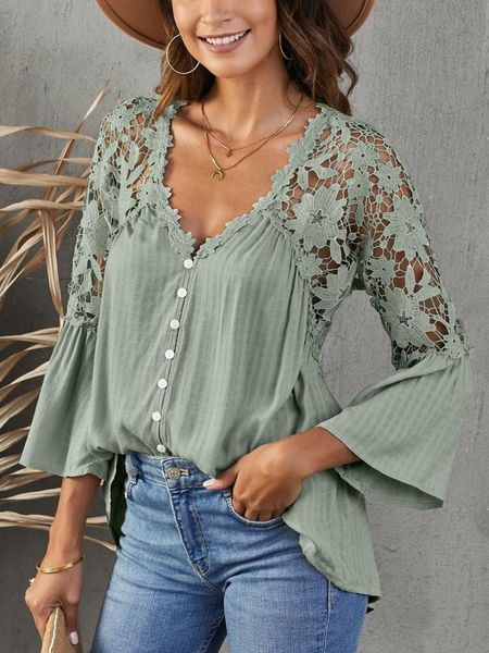 Camicette da donna Camicie Fashion Office Sexy T Manica lunga Chic Hollow Summer Loose Scollo a V Top Casual Donna Camicetta Pizzo Blusas Plus SizeWom