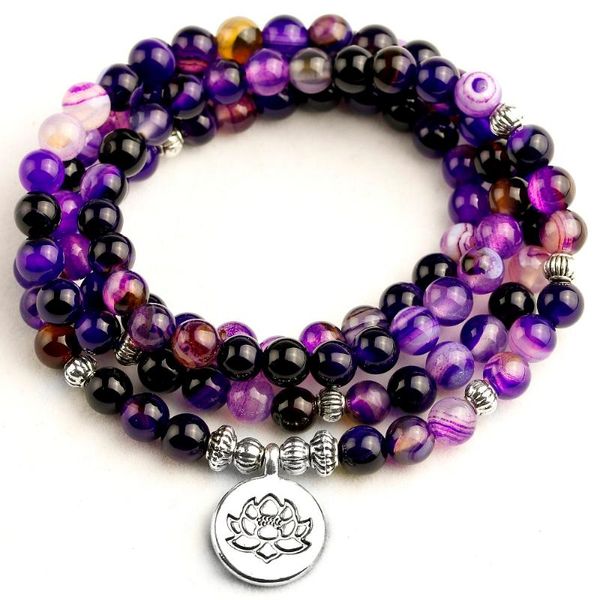 Filo di fili di perline Bracciale da donna Perline di linea viola brillante con loto OM Buddha Charm Yoga 108 Mala 6MM Collana da uomo DropBeaded