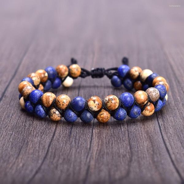 Strand doğal taş takılar 6mm lapis lazuli ve resim jasper erkek bilezik örgülü çift katman erkekler için ayarlanabilir