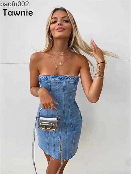 Повседневные платья Tawnie Blue Denim Denim Denim Mini Plord Женщина 2023 Сексуально с плечами трубки без спины Y2K Party Plate