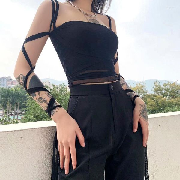 Serbatoi da donna 2023 Y2k Gothic Punk Black Women Camis Lace Up Backless Bodycon Crop Top Emo Abiti alternativi Moda Estate Streetwear