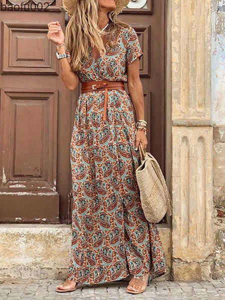 Casual Dresses Fitshinling Bohemian Wrap Langes Kleid Urlaub Strand Pareo High Split Vintage Sexy Maxi Kleider Für Frauen Kleidung Drucken Vestidos W0315