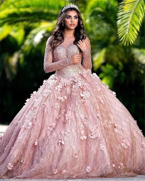 Glitter Flower Sequin Quinceanera Elbiseler Lüks Boncuklu Uzun Kollu Parti Prom Elbise Junior Girls için 3D Çiçek Aplike Balkalı Elbise Tatlı 15 Vestido