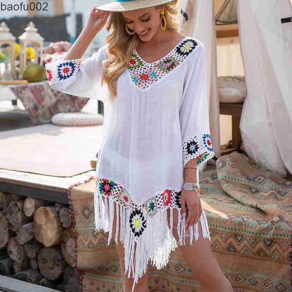 Casual Kleider Weiß Bikini Cover Up Mit Fransen Trim Frauen Sexy Hohl Tunika Strand Kleid 2021 Sommer Badeanzug Beachwear W0315