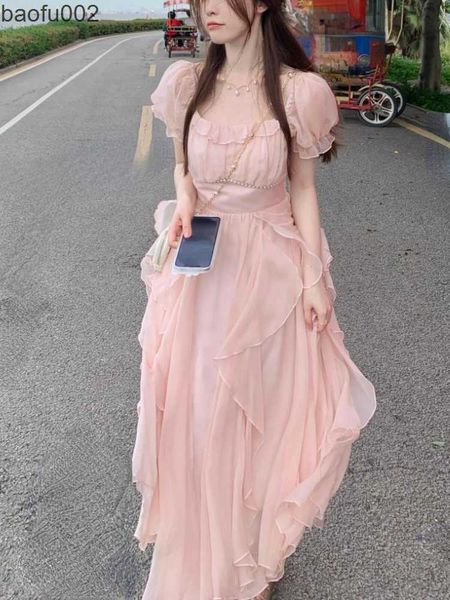 Casual Kleider Französisch Fee Chiffon Midi Kleid Frauen Kurzarm Casual Boho Strand Sommerkleid Frauen Rosa Elegante Koreanische Kleid 2022 sommer Chic W0315