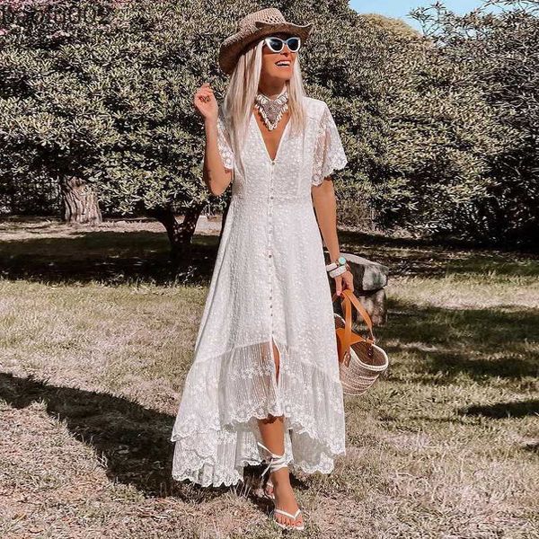 Sıradan Elbiseler Happie Queens Kadın Katı Çiçek Kısa Kollu Plaj İnce Bohemian Maxi Elbise Bayanlar V-Neck Boho Sundress Vestidos W0315