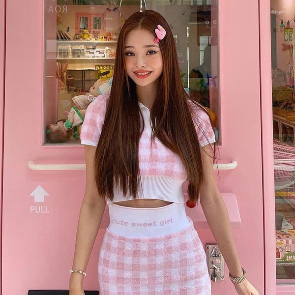 Arbeitskleider für Damen, Sommer, zweiteilig, koreanischer Stil, elegantes rosa kariertes Kurzarm-Top und figurbetonter Minirock mit hoher Taille
