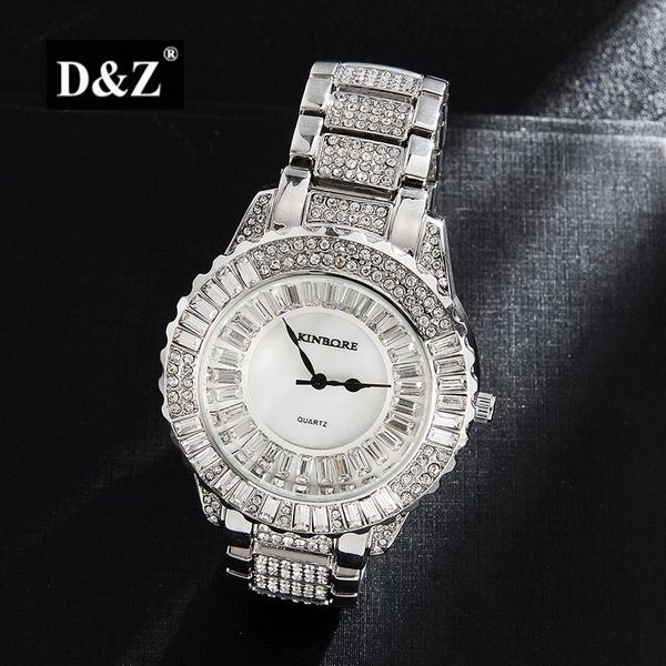 Armbanduhren DZ Iced Out Bling Diamantuhr Quarz Fashion Square Paar Handgelenkschmuck für Edelstahlband Business Wris