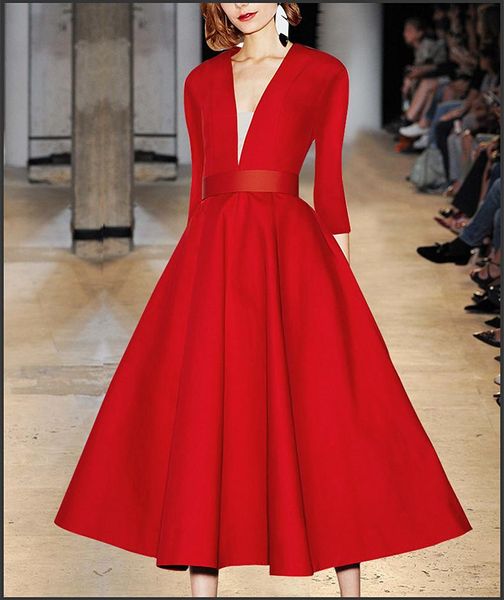 Vestidos casuais Robe femme ete 2023 Spring Red Deep Sexy V Dress Women Women Vintage Empire com faixas Long nd4545