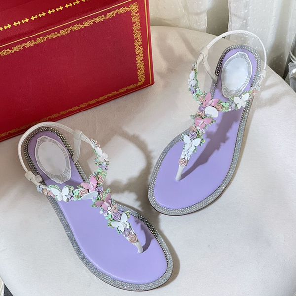 Womens Thong Flat Heels Sandals With Stone Flowers Flip Flops Adjustable Ankle Buckle Dress Shoes Ladies Slippers Outdoor Beach Shoe Ladies Elegant Purple Slide