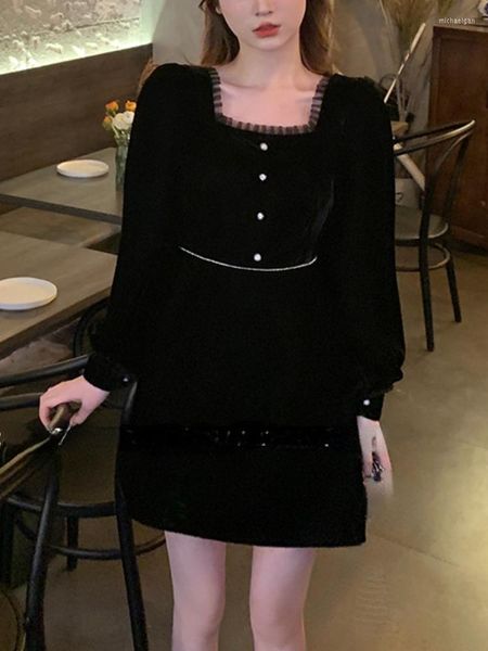Vestidos casuais 2023 Moda coreana da primavera Black Velvet Dress Woman Woman French Vintage Y2K Mini Slim Party Slave Longa Feminina Elegante