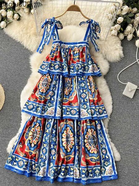 Lässige Kleider 2022 Runway Designer Kuchenkleid Damen Sexy Fliege Slip Rückenfrei Cascading Rüschen Boho Blumendruck Partykleider Robe M56206 W0315