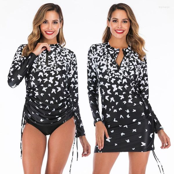 Roupa de banho feminina Camisa feminina de manga comprida Rash Guard com cuecas com proteção solar UV Roupa de praia Capa de praia estampada Traje de natação