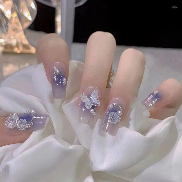 Unhas Falsas 24 Pçs/set Bonito Cristal Borboleta Roxo Gradiente Casamento Noiva Floral Falso Artificial Nail Decal Art Dicas