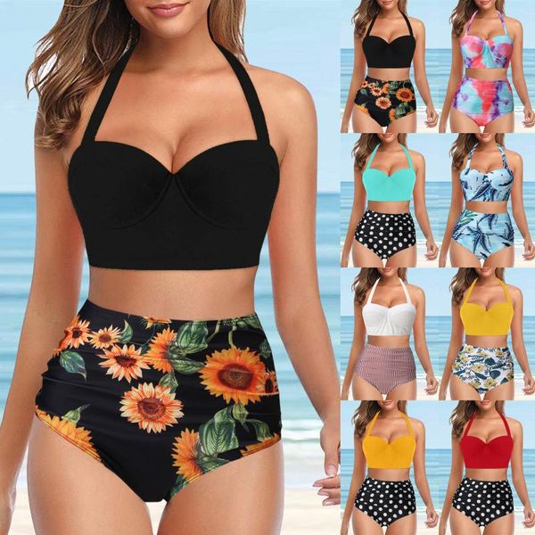 Damen-Bademode, zweiteilig, Bikini-Set, Sonnenblumen-Schnürung, Neckholder, Tankini, hohe Taille, Badeanzug, Damen, Sommer, Strandmode, Badeanzug