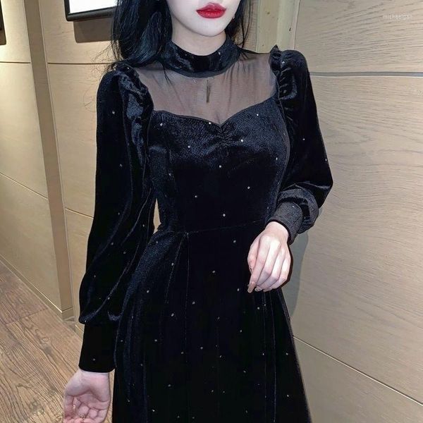 Повседневные платья 2023 Осеннее бархатное платье Midi Women Women Black Vintage Vintage Drsss Design Вечерняя вечеринка.