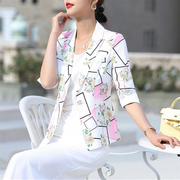 Abiti da donna Blazer Moda primaverile Breve stampato Blazer da donna Casual Slim Giacca da carriera Business Office Lady Cappotto Donna Femme Chic Top